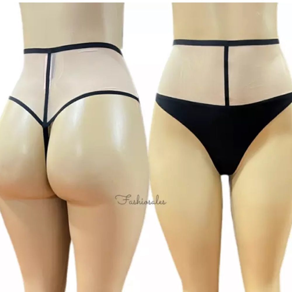 Victorias Secret Very Sexy Mesh Wide High-waist Thong Panty Buff Black Medium